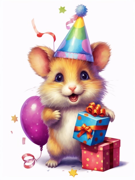 Ein Hamster mit Geburtstagshut und Geschenken