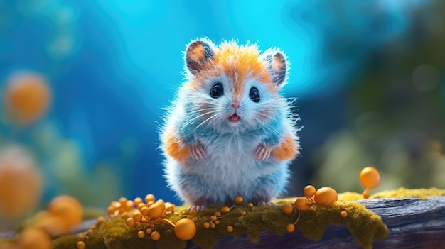 Ein Hamster sitzt auf einem Ast mit blauem Hintergrund und einer gelben Blase in der Mitte.