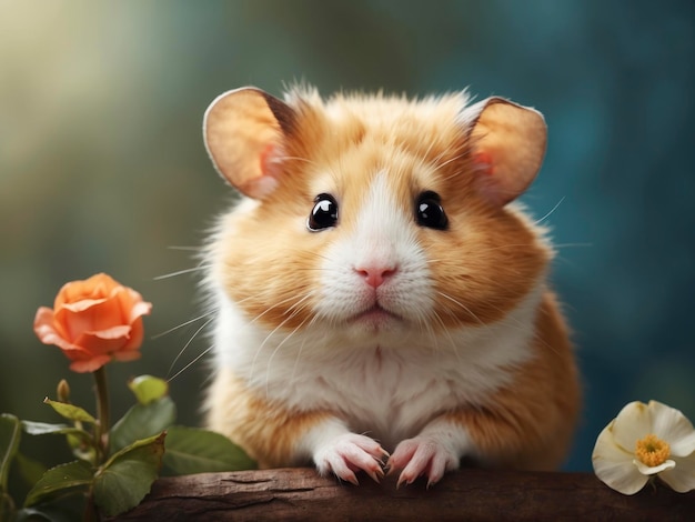 Ein Hamster sitzt auf einem Ast mit Blumen im Hintergrund und einem verschwommenen Hintergrund