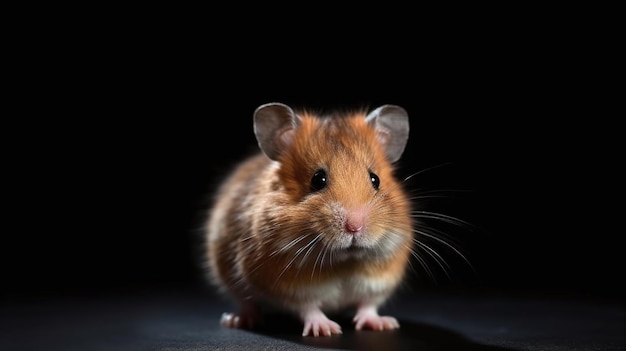 Ein Hamster sitzt im Dunkeln mit schwarzem Hintergrund.