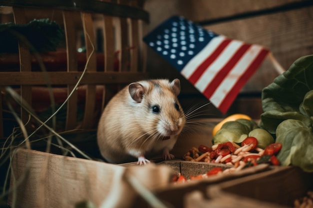 Ein Hamster sitzt vor einer Kiste mit Lebensmitteln. Generatives KI-Bild