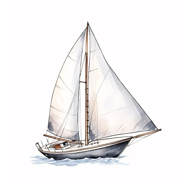 Foto ein handgemaltes aquarell-segelboot, das mit viel liebe zum detail eingefangen wurde, schwebt ruhig auf einer sauberen weißen leinwand und veranschaulicht die kunst des segelns