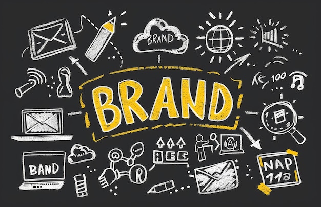 Foto ein handgezeichnetes tafeldiagramm zeigt das wort brand in gelb, umgeben von symbolen, die logo-design, marketingstrategie, werbung in sozialen medien und grafikdesign darstellen.