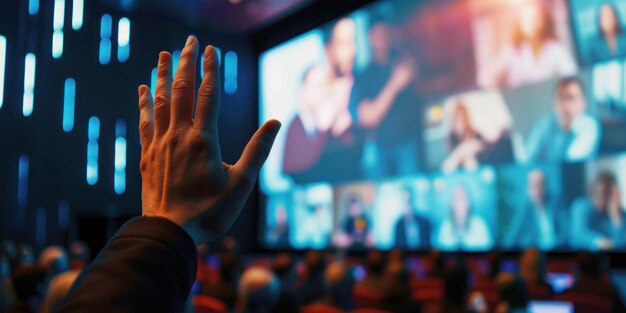 Ein Handheben im Konferenzraum, um Fragen an den Moderator zu stellen Der Konferenzraum