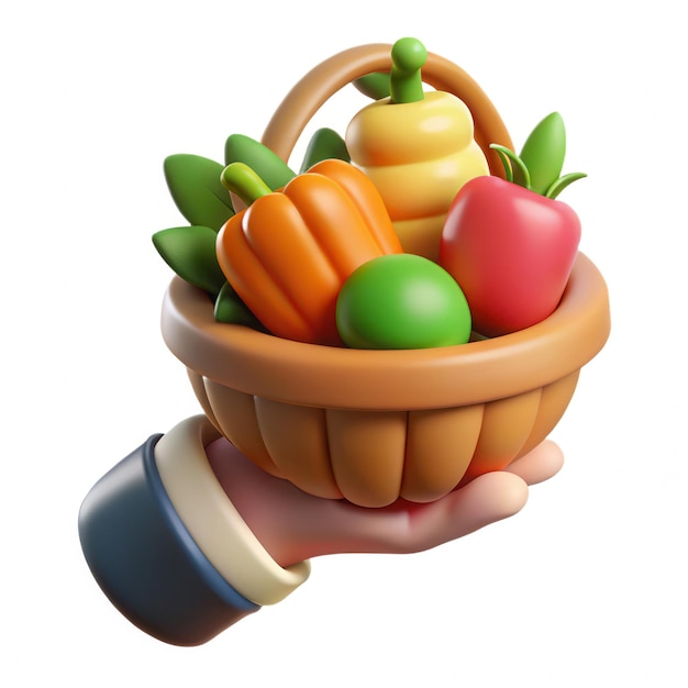 Ein Handkorb mit buntem Gemüse, eine Illustration von frischen Produkten, darunter Kürbisse, Paprika und Blattgrün, ein Konzept für gesundes Essen, Ernährung und ökologische Landwirtschaft