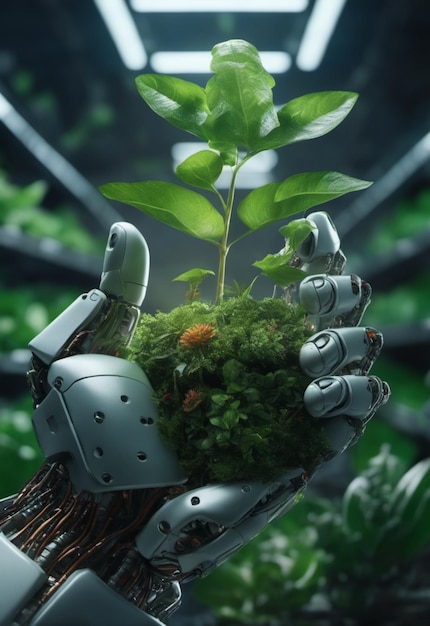 Ein Handroboter hält eine Pflanze im Dreck. Generative KI pflanzt Bäume zur Wiederaufforstung