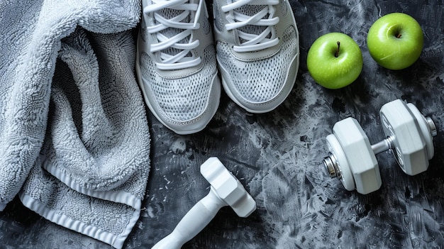 Foto ein handtuch, ein paar weiße schuhe und zwei äpfel stehen auf einer theke