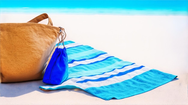 Ein Handtuch und eine Tasche auf Sand mit unscharfem Hintergrund am Strand. Generative KI