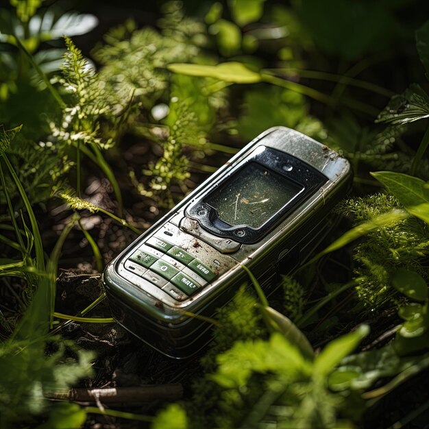 Foto ein handy, das im gras ist