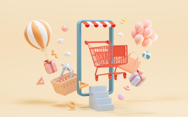 Ein Handy und Einkaufskorb Online-Shopping 3D-Rendering