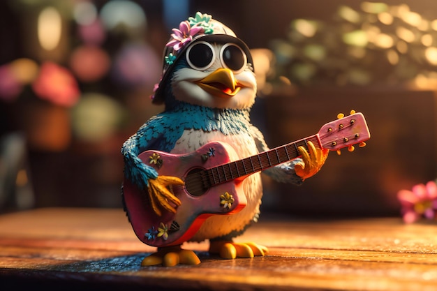 Ein Happygolucky-Pinguin, der einen Blumenlei und eine Sonnenbrille trägt, steht auf einem Eisblock und spielt mit einem breiten Lächeln eine Ukulele