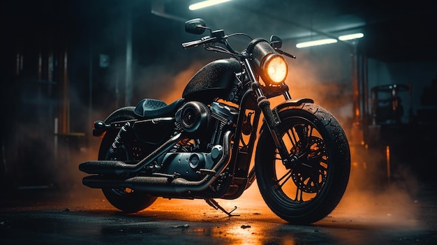 Ein Harley-Davidson-Motorrad steht in einer dunklen Garage.