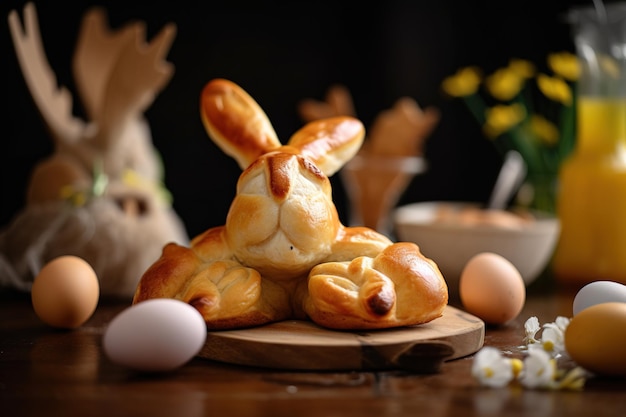 Ein Hase aus Brot sitzt auf einem Tisch mit einem Korb voller Eier im Hintergrund.