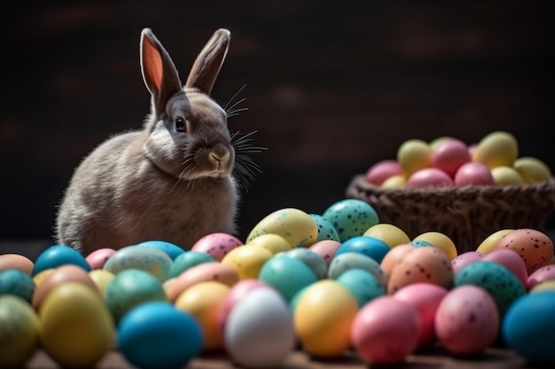 Ein Hase betrachtet einen Haufen Ostereier.