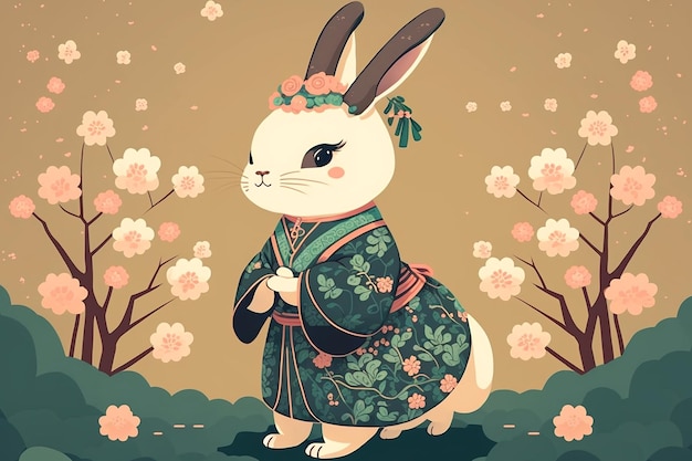 Ein Hase im Kimono mit Kirschblüten im Hintergrund.