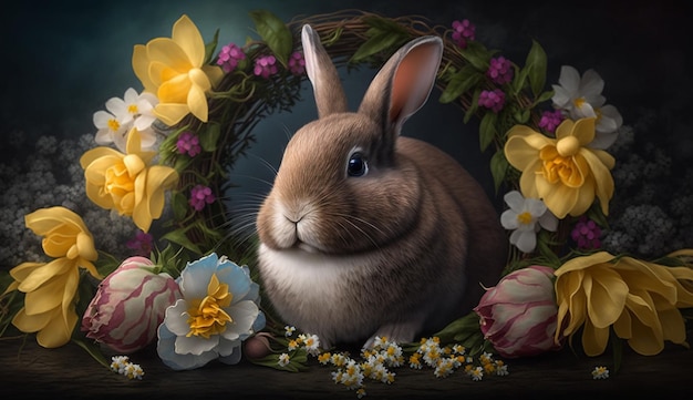 Ein Hase in einem Blumenkranz