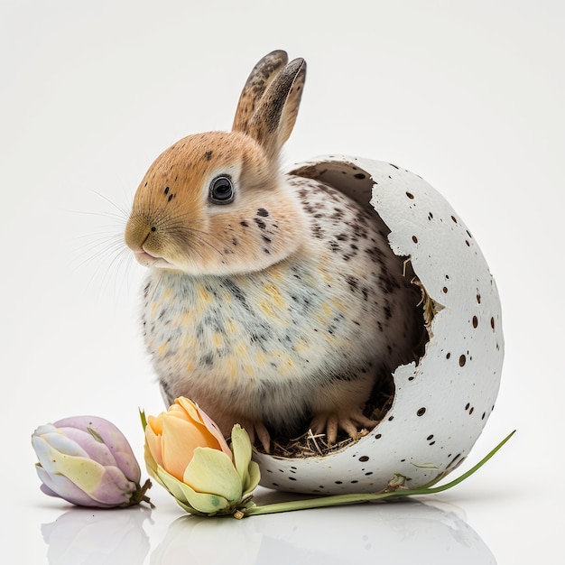 Ein Hase in einem Ei mit Blumen darauf