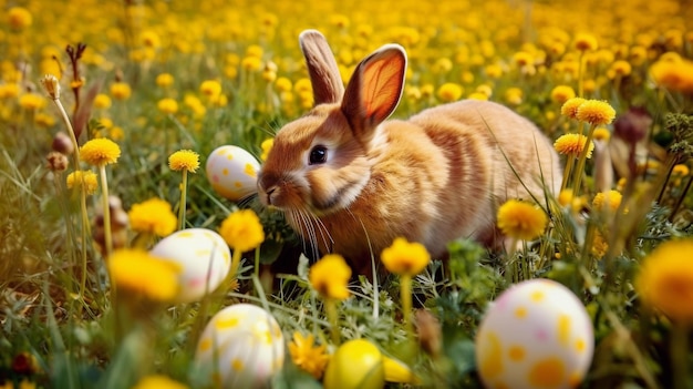 Ein Hase in einem Feld mit Ostereiern