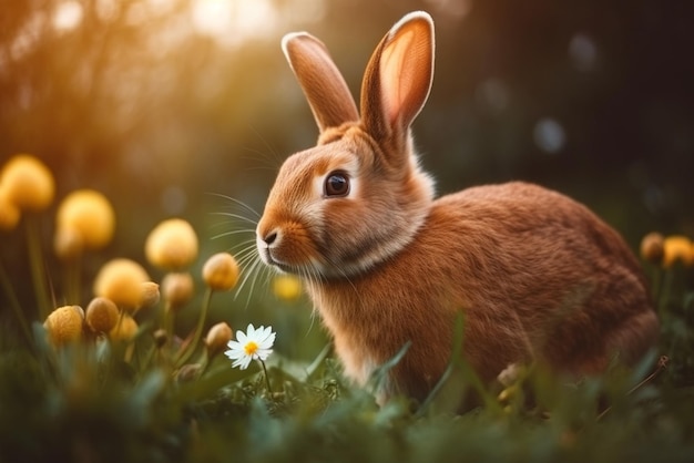 Ein Hase in einer Blumenwiese