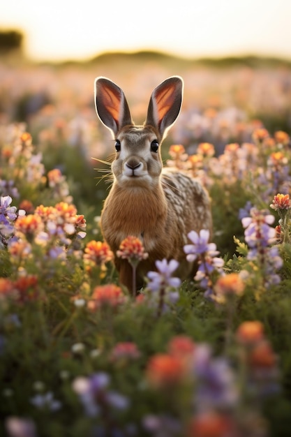 Ein Hase in einer Blumenwiese