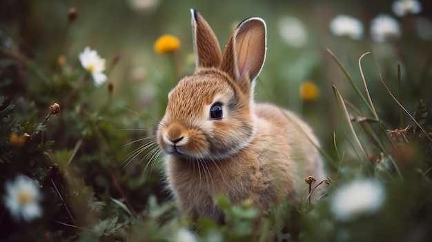 Ein Hase in einer Blumenwiese