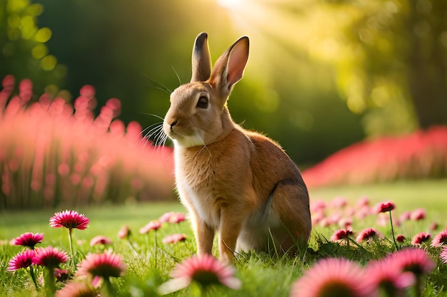 Ein Hase in einer Blumenwiese