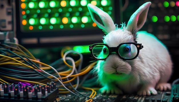 Ein Hase mit Brille sitzt auf einer Platine mit einer Platine im Hintergrund.