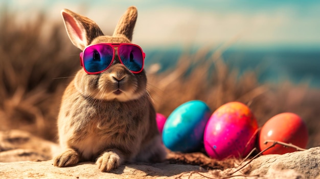 Ein Hase mit bunter Sonnenbrille neben einem Osterei