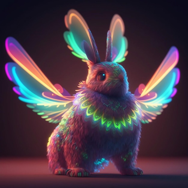 Ein Hase mit Flügeln, auf dem Neonlichter leuchten