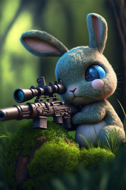 Ein Hase mit Gewehr hält ein Gewehr