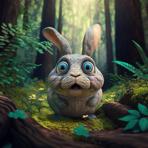 Ein Hase mit großen blauen Augen steht in einem Wald mit einem Baumstamm und einem Waldboden.