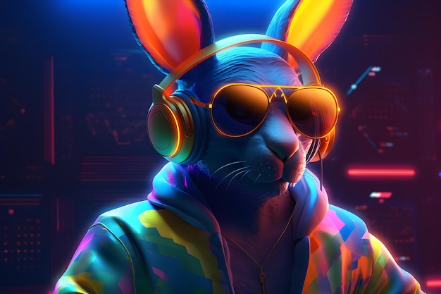 Ein Hase mit Kapuzenpullover und Sonnenbrille steht vor einer Neonröhre