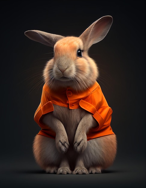 Ein Hase mit orangefarbenem Hemd sitzt.