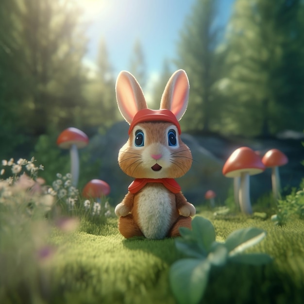 Ein Hase mit rotem Hut steht in einem Pilzfeld.