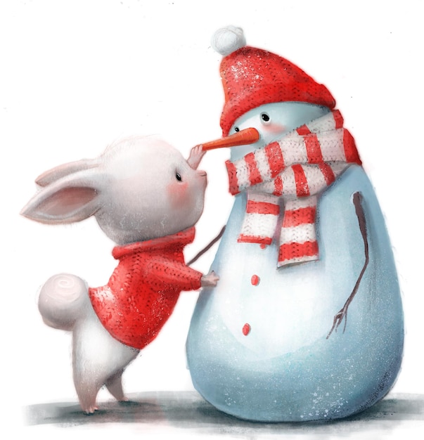 Foto ein hase mit rotem pullover und rotem pullover umarmt einen schneemann.