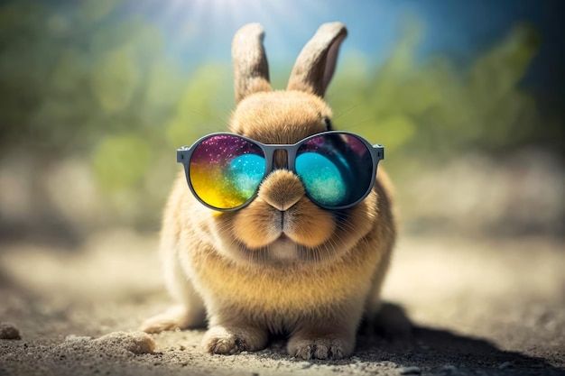 Ein Hase mit Sonnenbrille und eine regenbogenfarbene Sonnenbrille Kreatives Osterkonzept Generative KI