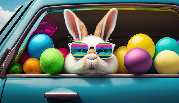 Ein Hase mit Sonnenbrille und einem regenbogenfarbenen Osterei