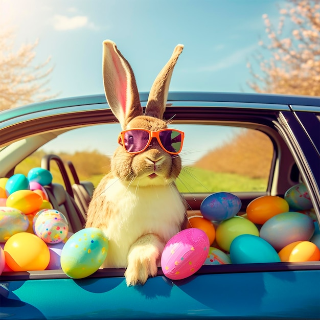 Ein Hase mit Sonnenbrille und Sonnenbrille ist in einem Auto mit Ostereiern.