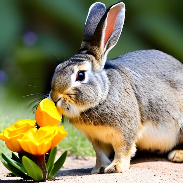 Ein Hase schnüffelt an einer Blume vor grünem Hintergrund.