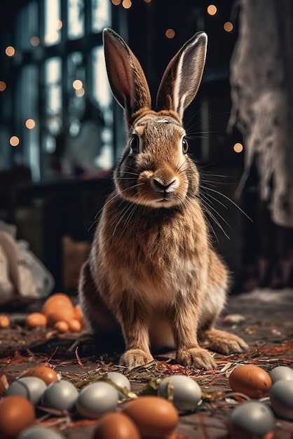 Ein Hase sitzt auf einem Teppich vor einer Weihnachtsdekoration