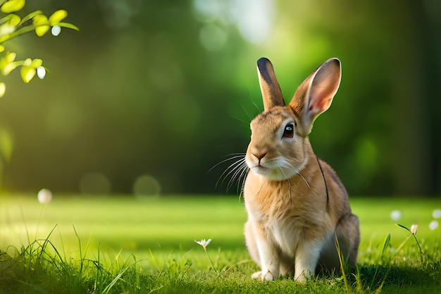 Ein Hase sitzt im Gras vor grünem Hintergrund.