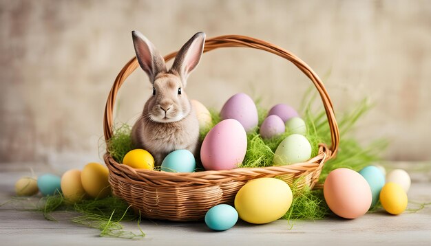 ein Hase sitzt in einem Korb mit Eiern drin