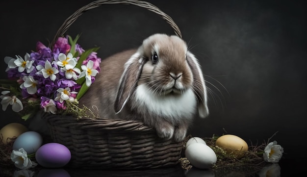 Ein Hase sitzt in einem Korb mit Ostereiern