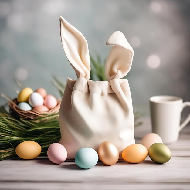 ein Hase sitzt in einem Korb neben einem Becher und einem Becher mit einem Hase darauf