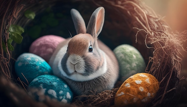 Ein Hase sitzt in einem Nest aus bunten Eiern.