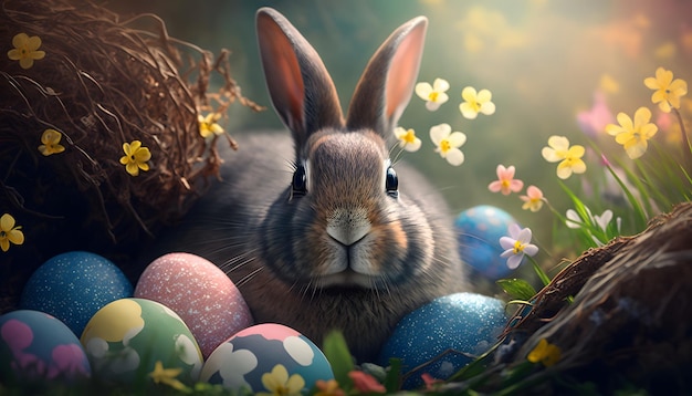 Ein Hase sitzt in einem Nest mit bunten Eiern.