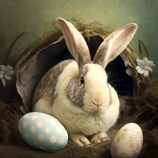 Ein Hase sitzt in einem Nest mit Eiern und Blumen.