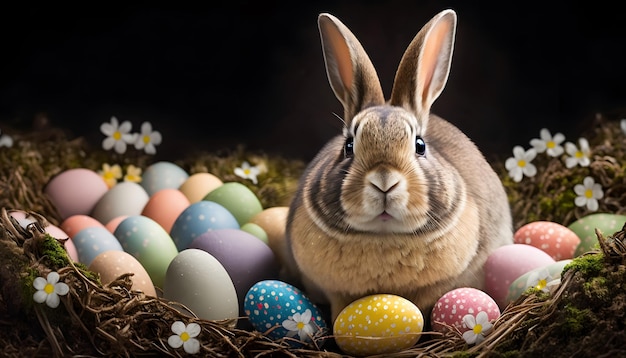 Ein Hase sitzt inmitten eines Nestes voller bunter Ostereier.