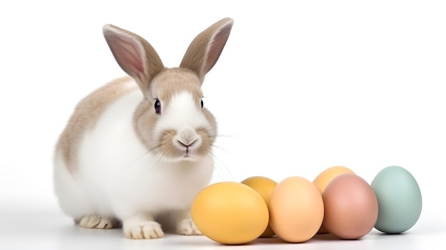 Ein Hase sitzt neben einem Haufen Eier.