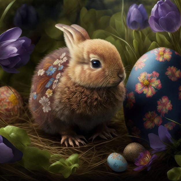Ein Hase und ein bemaltes Ei sind in einem Nest.